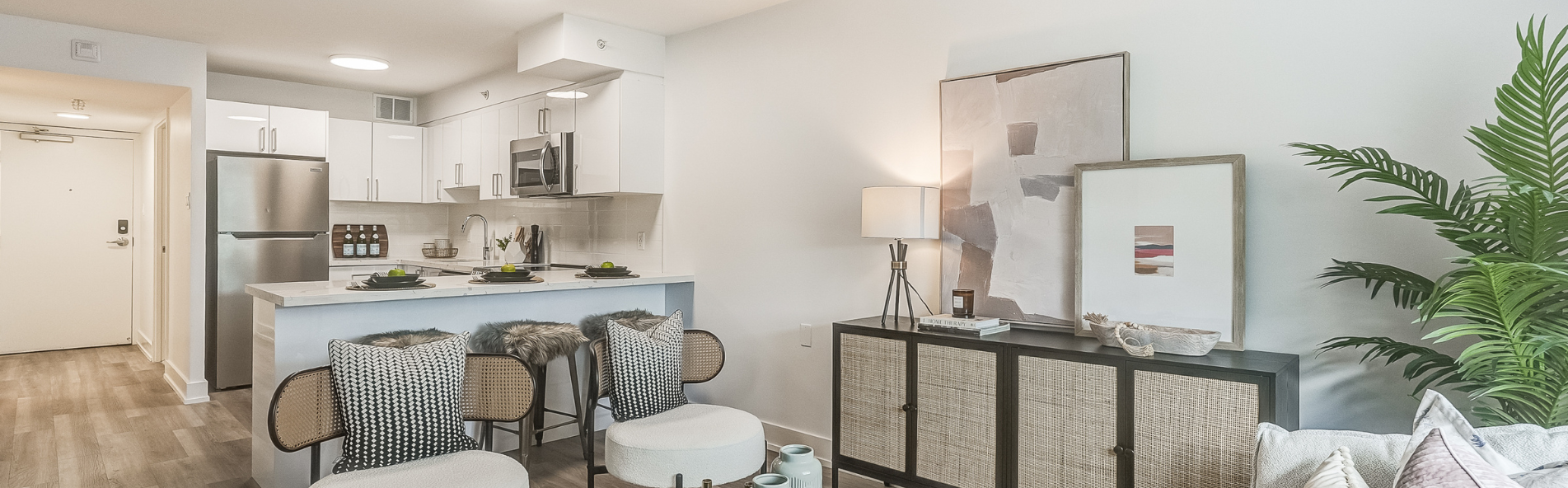 Open concept living area of apartment in Meadowvale. Elora by Minto Apartments.